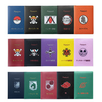A set of passport cover mockups arranged in a 3x5 grid, each cover featuring a different anime and manga character logo with Japanese text underneath. The covers include designs from Pokémon, One Piece, Hunter x Hunter, Demon Slayer, Akuma no Kira, Kamakura, Jujutsu Kaisen, My Hero Academia, Naruto, Bleach, and Naruto Shippuden.