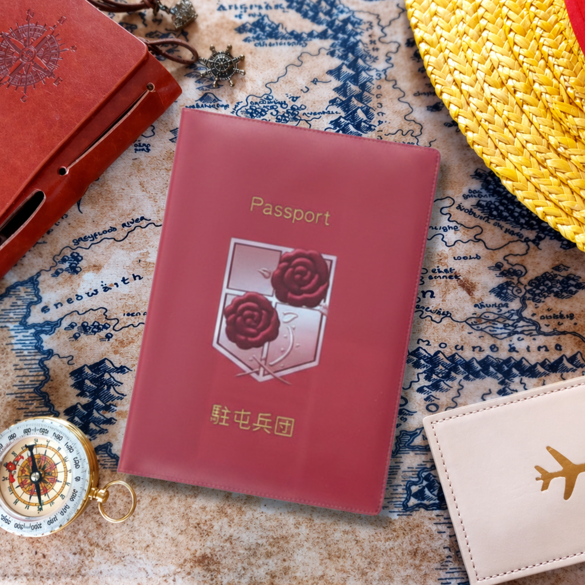 Red passport cover with floral design on a map background