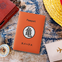 Orange passport holder with a symbol on a map background