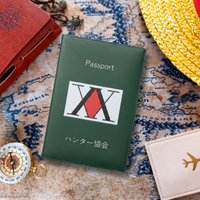 Green passport holder with a logo on a map background