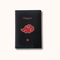 Black passport holder with red cloud design on a white background