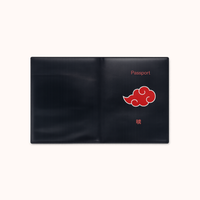 Black passport holder with red cloud design and 'Passport' text on a white background
