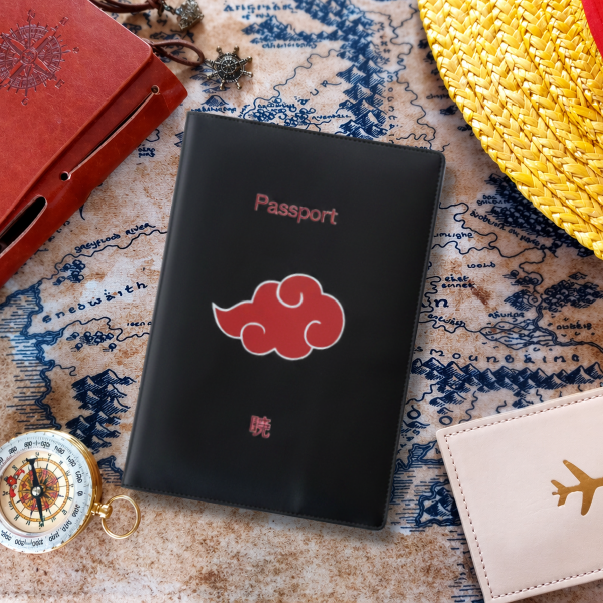Black passport holder with red cloud design on a map background