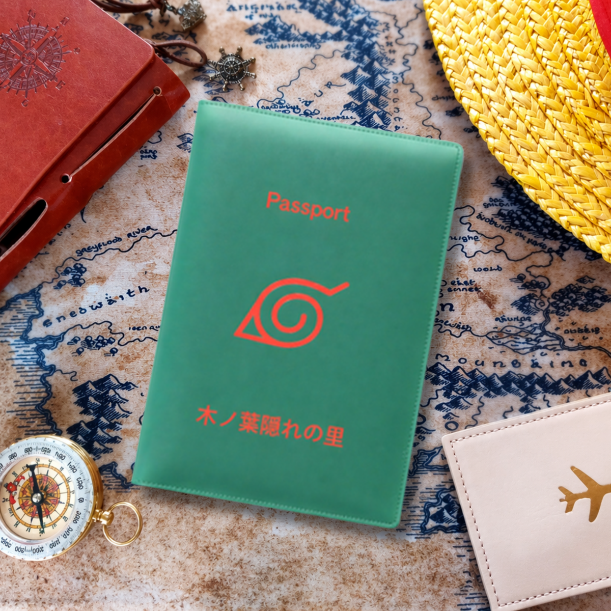 Green passport holder with red symbol and text on a map background