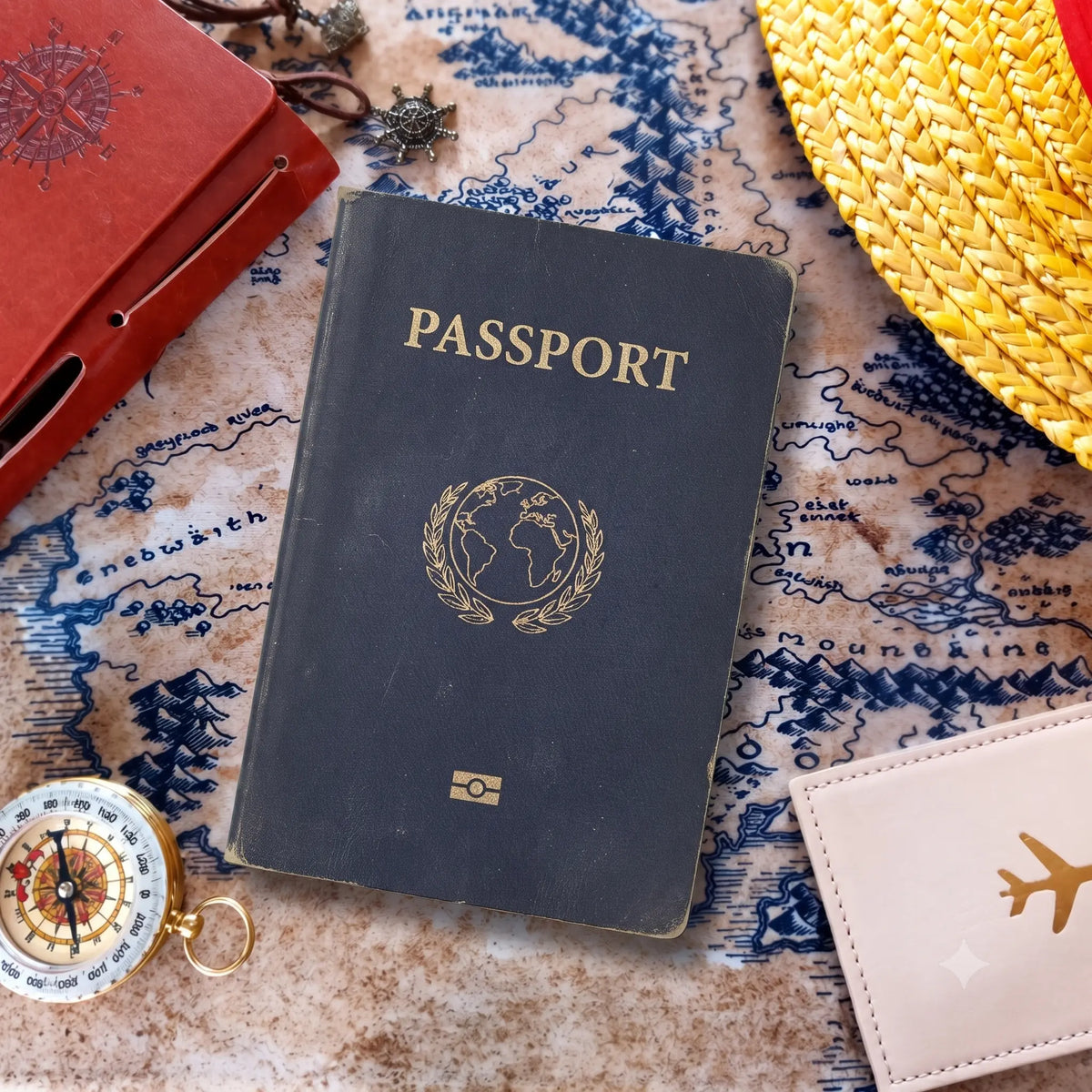 A vintage-style black passport with gold lettering lies on a blue-and-beige map background, surrounded by travel props including a red suitcase, a straw hat, a compass, and a small leather card.