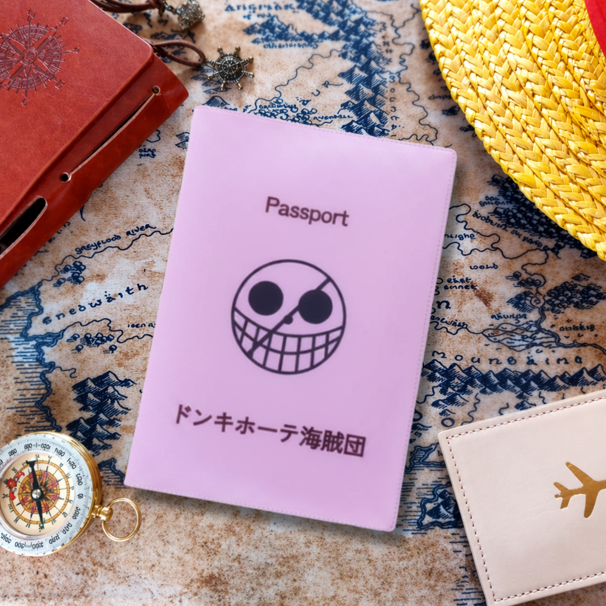 Pink passport cover with a skull design on a map background