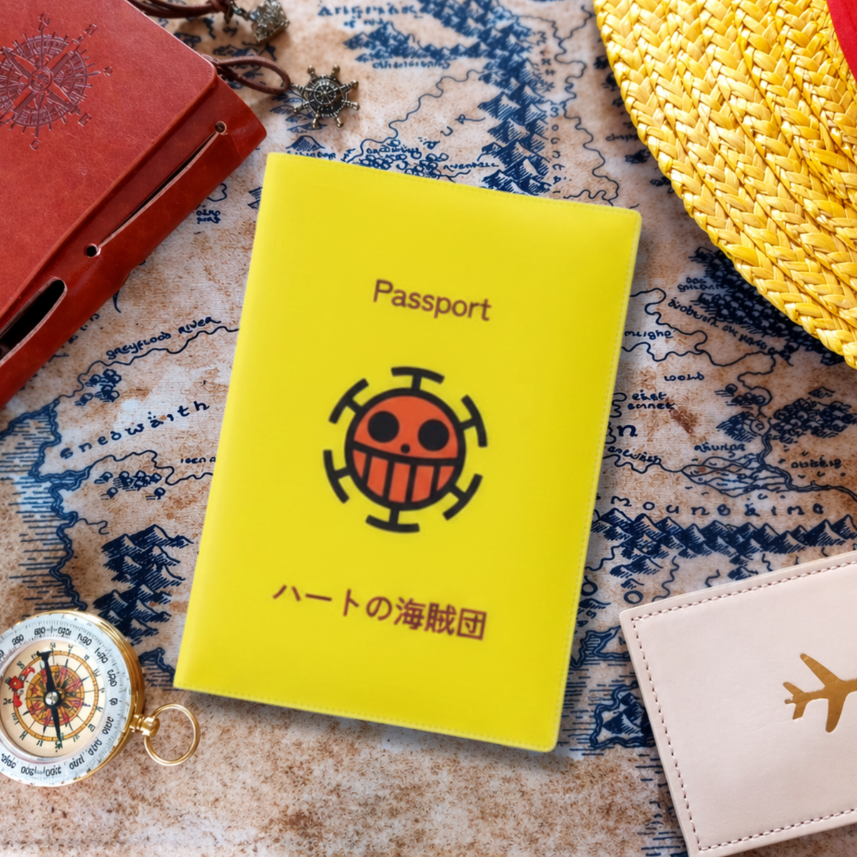 Yellow passport cover with a logo on a map background