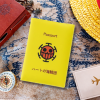 Yellow passport cover with a logo on a map background