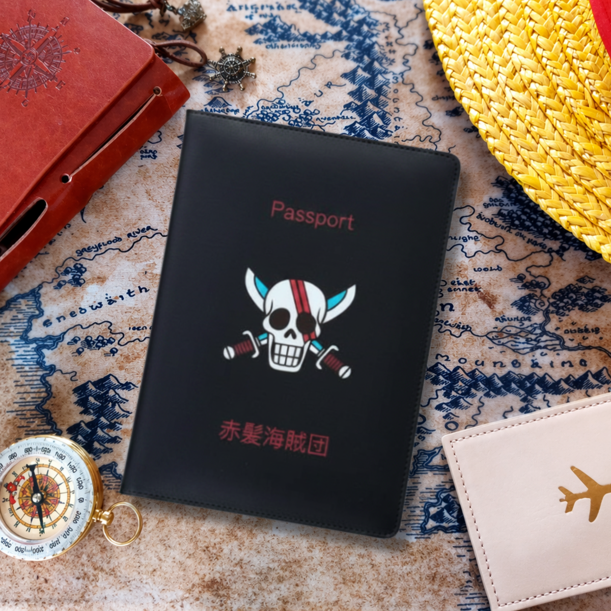 Black passport holder with skull design on a map background