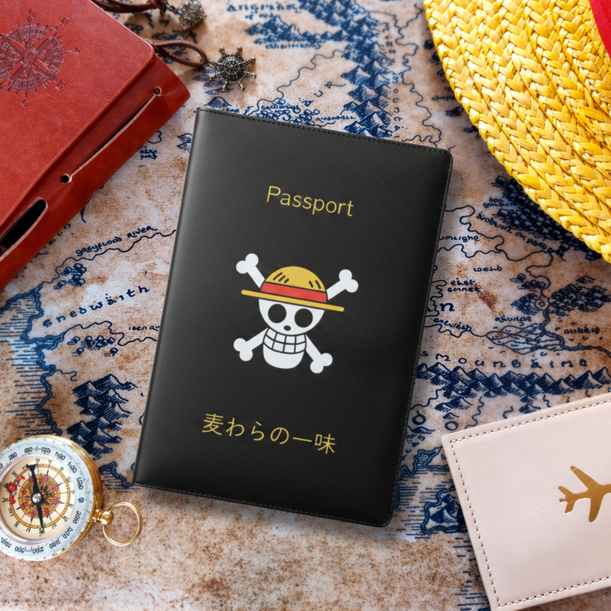 Black passport holder with skull design on a map background
