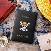 Black passport holder with skull design on a map background