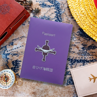 Purple passport with skull and crossbones design on a map background