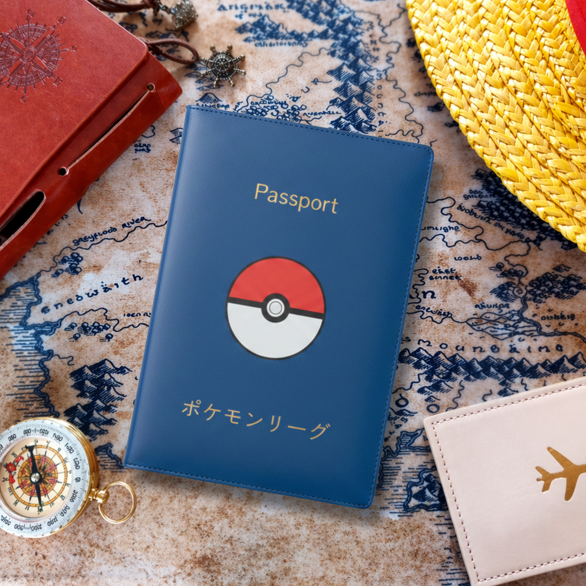 Blue passport holder with a red and white logo on a map background
